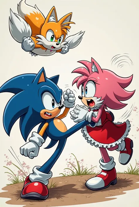 Cartoon sonic kicking Amy that’s crying as tails flys in the background 