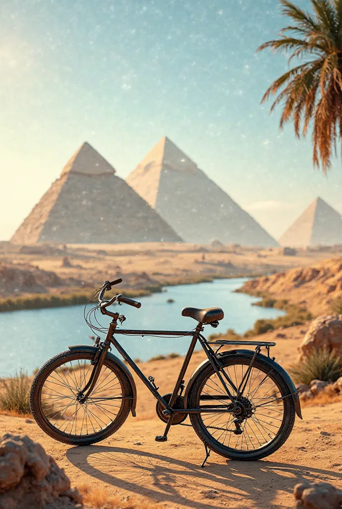  A bicycle behind it is the Nile River and the Pyramids