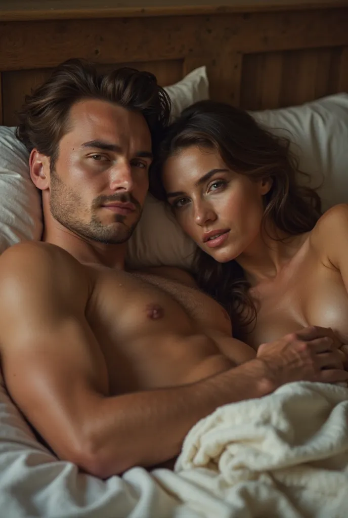 A slightly muscular man and a woman with a good body making rich love lying in bed, The woman above the male penis like the position of the horse similar to pornography and both looking at the camera so that their faces can be seen