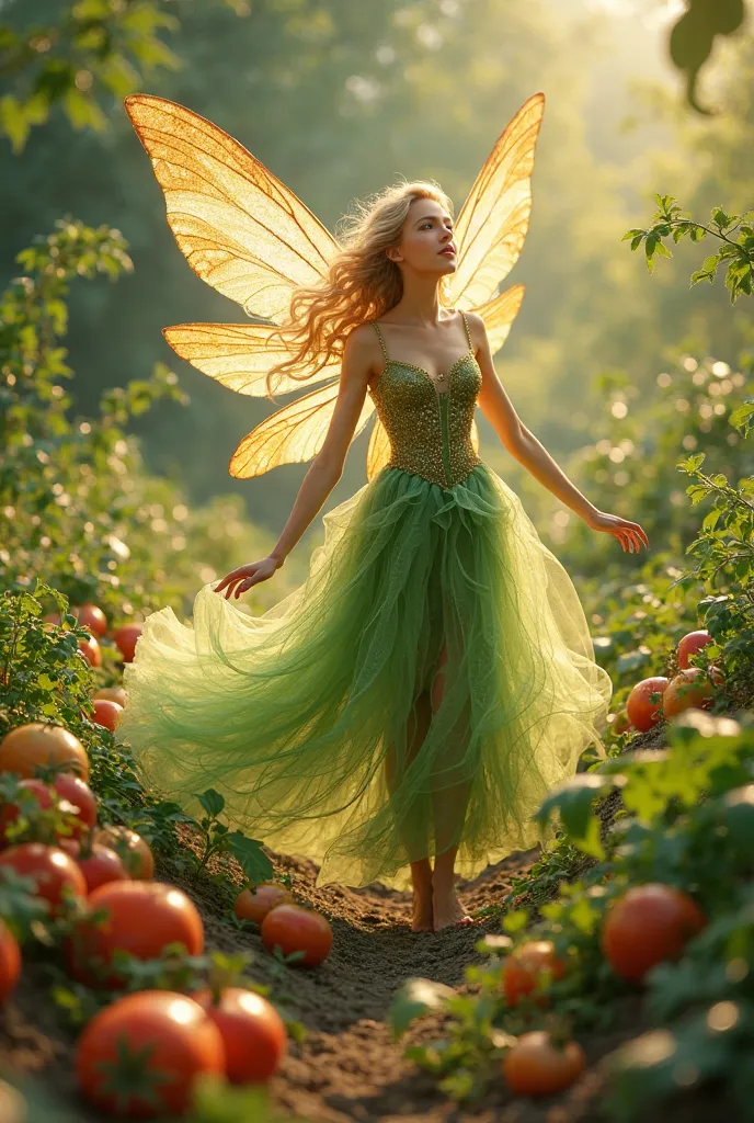 A blonde fairy in green and gold clothes, Flying in a vegetable garden,  use matching tones and lots of brightness, Details in high, masterpiece, best quality, High Details, Abstractionism, 