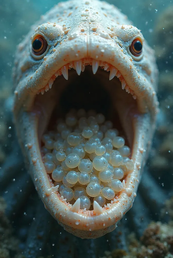 An open mouth showing a throat filled with cuttlefish eggs being incubated