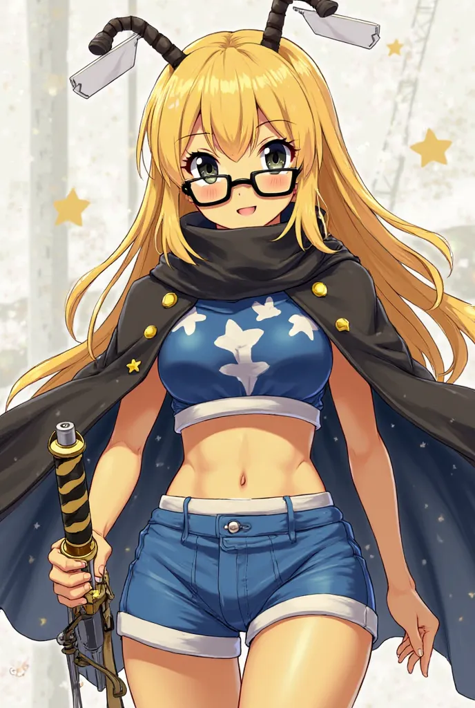 Female anime light yellow skin black eyes smooth blond hair wasp torso blue shorts with white stars blue biker shirt with black glasses black scarf sword battlen beam cape of black yama book Ready player two circle of patience curved horns gold and white 