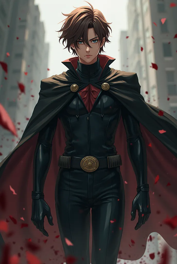 A anime character with brown hair, serious expression, black hero suit, cape, blood around 