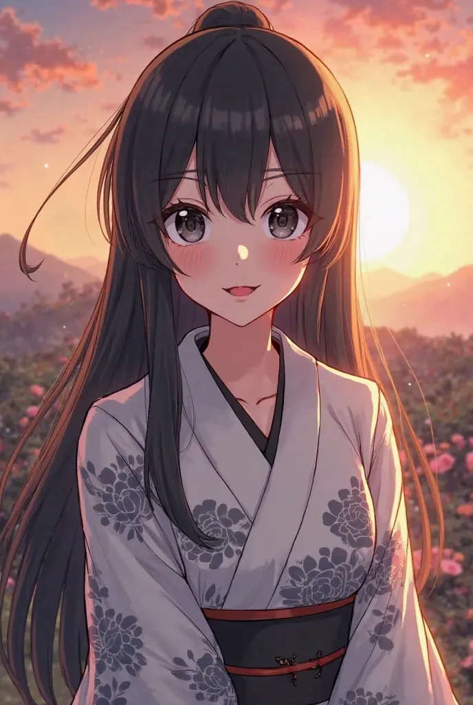 Demon Slayer screenshot of a woman with long black hair down to her hips, a gentle smile and narrow black eyes with a pattern in the form of a gray line in the middle of the pupil, lush eyelashes, red lips, the sleeves of the white kimono with a pattern of...