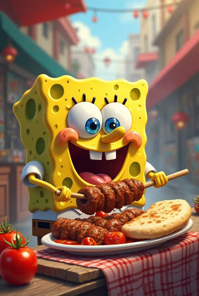 spongebob when he eating iranian shashlik kebab with bread and tomato

