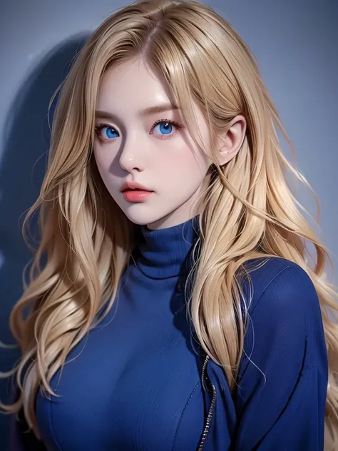 (best quality, High Resolution), portrait, upper body,  cool adult woman  , long hair, side bangs , blonde hair, blue eyes, turtleneck zipper vest, Color Separation,  gorgeous lingerie, big breasts, Flat wall, Super detailed CG,