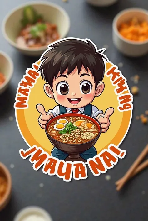 A cartoon illustration of a young boy, likely Asian,  in a school uniform,  with a friendly expression and thumbs-up gesture.  He is holding a bowl of ramen noodles.  The boy is depicted in a chibi (small, exaggerated) style. The mami bowl with noodles, eg...