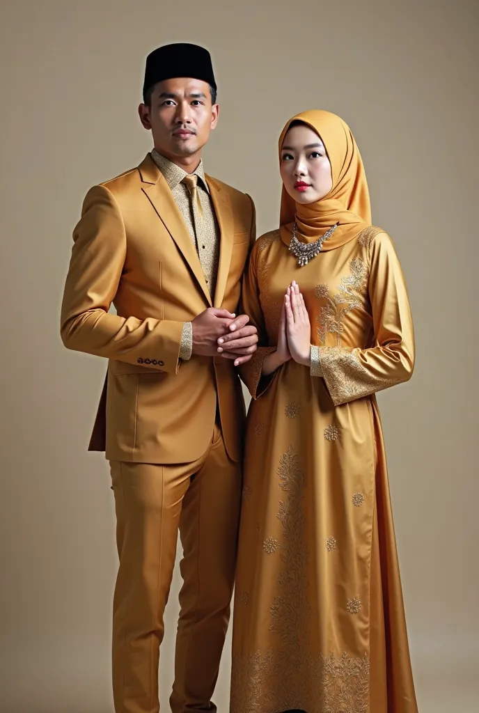 A handsome Indonesian man, fat muscular, wearing a neat, gold-colored silk Muslim men's suit, wearing a songkok, with a beautiful Indonesian woman wearing a... Muslim dress, neat long gold gamis, standing with hands in prayer position, Look straight ahead ...