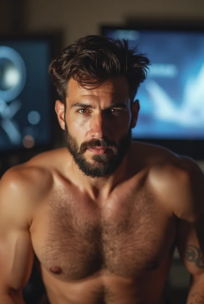 arafed man with a beard and no shirt on in front of a tv, a screenshot by Niko Henrichon, reddit, tachisme, twitch streamer / gamer ludwig, 2 , 2 , sexy look at the camera, taken in the early 2020s, 2 , 21 years old