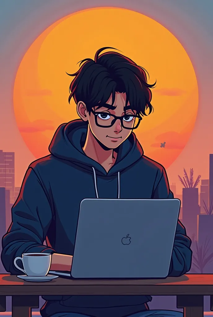 Illustration of a young man with black-rimmed lenses and disheveled dark straight hair, working concentrated on a MacBook. Animation style similar to that of the first shared image, with defined and expressive facial features. The character wears a dark bl...