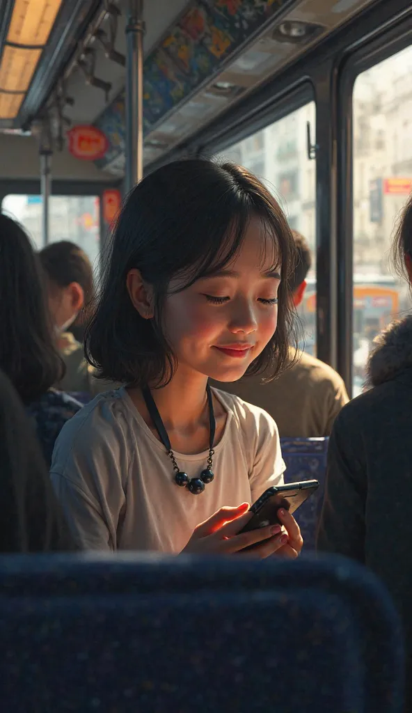 An ordinary person inside a city bus, smiling while looking at the cell phone.  the environment is simple and everyday , contrasting with the exaggerated luxury