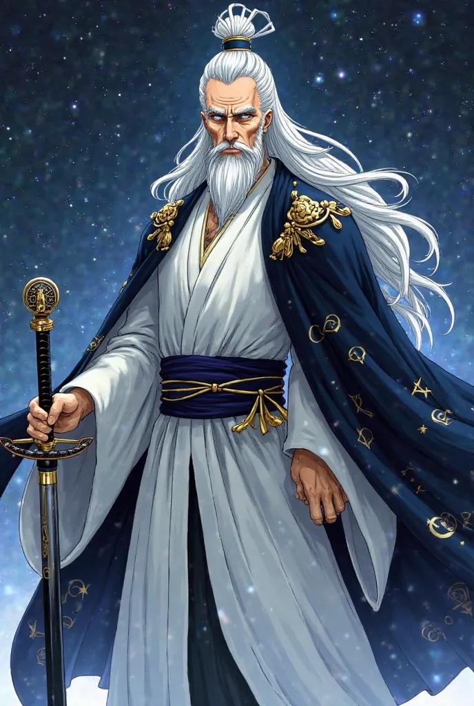 A character from Bleach An elderly and stately warrior wears a long white haori with golden details and a dark blue cape embroidered with bright constellations. He has long, white hair tied in a tall bun,  with loose threads falling around the face , and a...