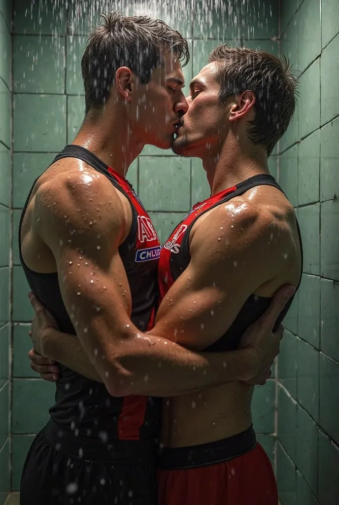 Two players from AFL team Collingwood in the Collingwood singlets kissing in the shower 