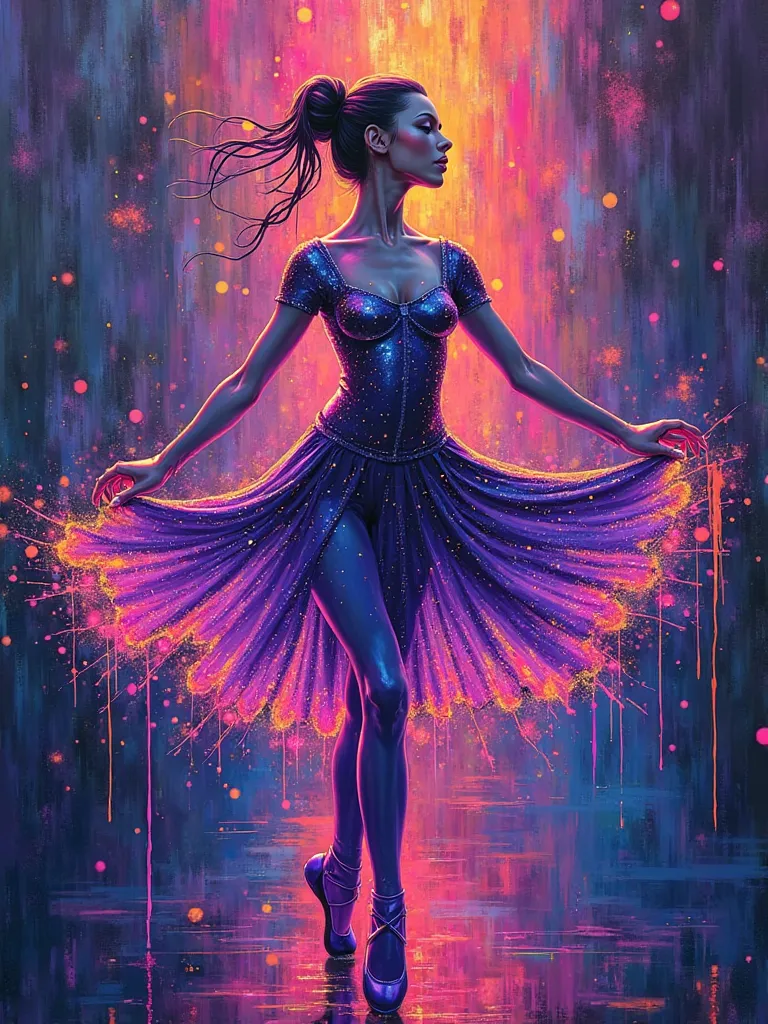 Nouveau art poster, Inpainting, Graffiti  art style, acrylic painting, gestured glowing line of A beautiful woman wear fluorescence purple shiny glossy rubber ballet suit , performing ballet dance , abstract art complementary colors fine details graffiti a...