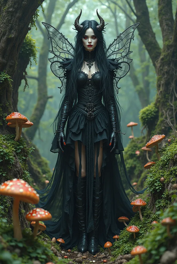 Four eyed goth fairy surrounded by a forest with mushrooms and moss