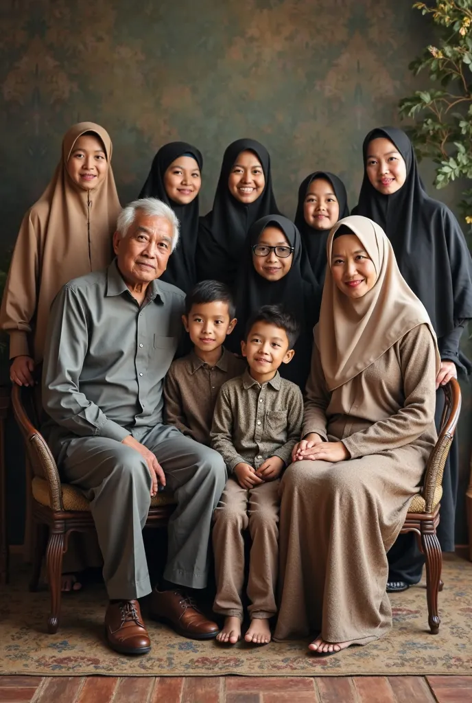 Eid family photo.  Sitting in one chair is the eldest brother wearing a songkok beside the old mother wearing a hijab and sitting next to the mother is the eldest sister wearing a hijab.  Veiled sisters and crouched brothers stand behind them.  Boys and gi...