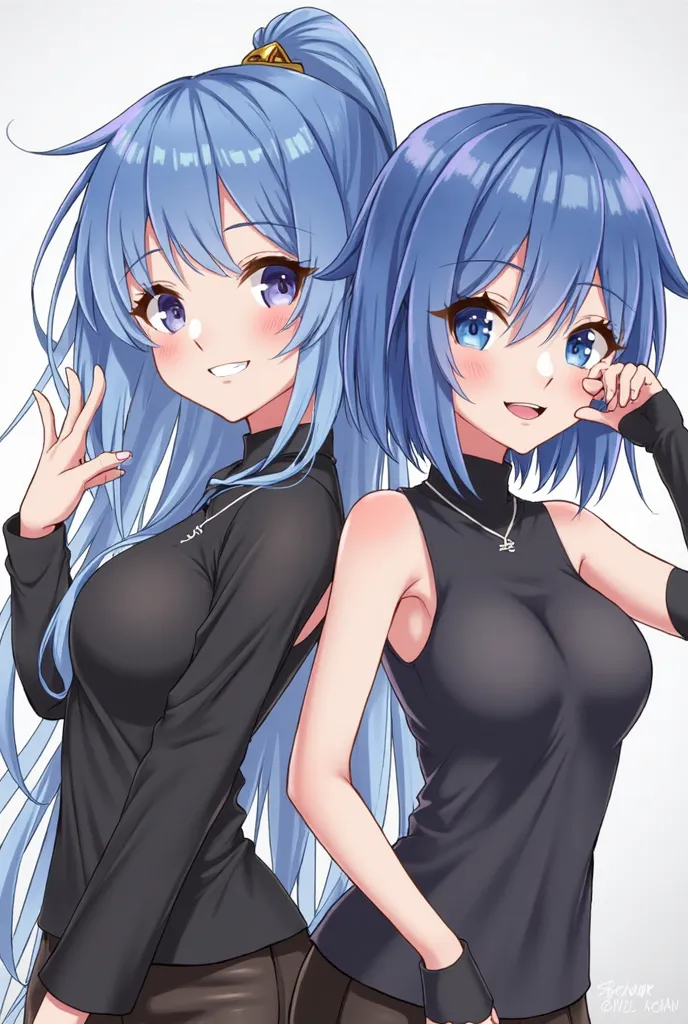 
two anime girls with blue hair and black tops are posing for a picture, jazza and rossdraws, 2 d anime style, rossdraws and jazza, modern anime style, lois van baarle and rossdraws, anime styled, kda, anime art style, anime girls, rossdraws 2. 5, anime ar...