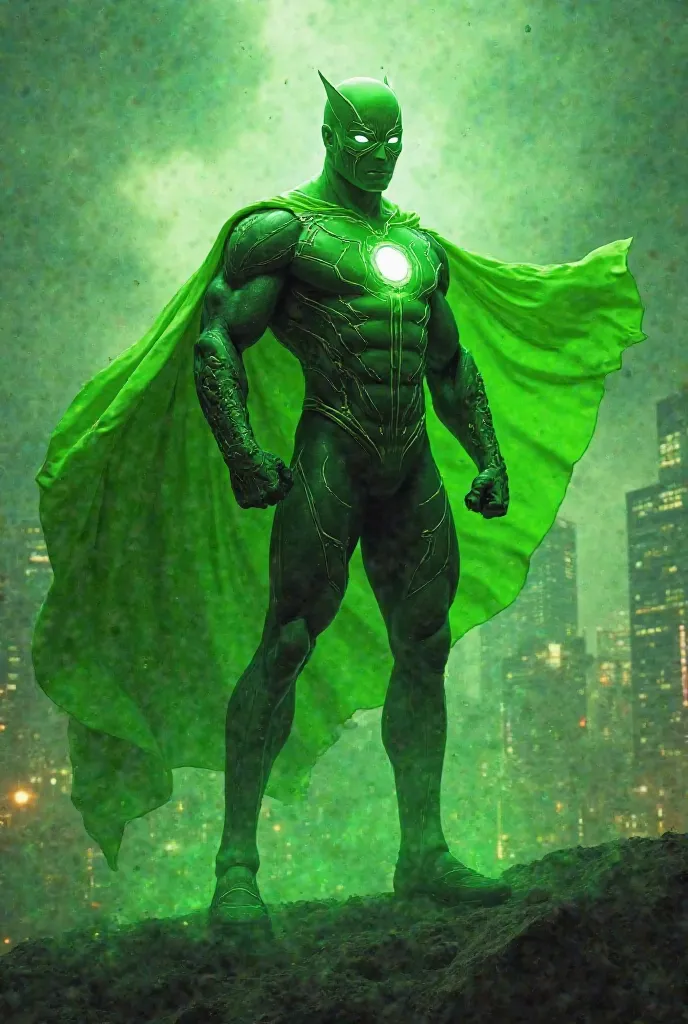 A light green superhero,  with mask and cape , And with super speed 