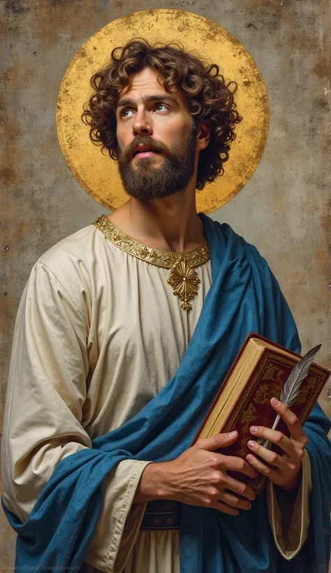 Create an image of a new Saint Luke, with short brown beard and curly hair, Does he have an Aurelia, he is holding a feather and a book,  he's looking up , His waist has to show, in the background of the image it may have written, And shorten his hair, Doe...