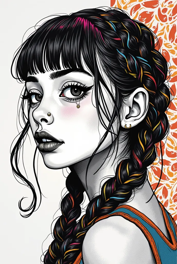 An illustration blending manga style with the aesthetics of Brazilian cordel art featuring a young woman with a striking appearance. She has long, detailed braids with interwoven colorful strands and a short, middle-parted fringe dyed in a vibrant shade. H...