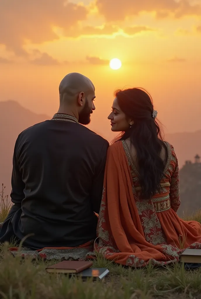 Here is your requested image of a young chubby man with no hair, wearing  black mund and kurta like a author, sitting on a grassy mountaintop at sunset with a traditionally  dressed beautiful girlfriend some books are there.men fat women is a divine beauty...