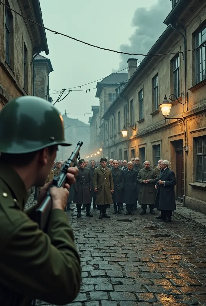 "First-person view from the eyes of a German soldier during the invasion of Germany into Poland in 1941. The soldier wears the classic uniform of the time: green helmet, green cape, military suits and black leather boots. He holds his rifle firmly, aiming ...