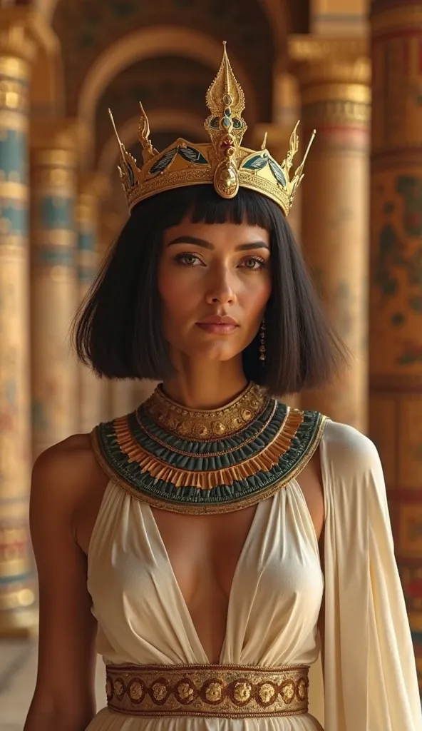 A beautiful woman from ancient Egypt, with short straight hair, Closed-up and fulfilled ancient Egyptian clothing, wearing the golden queen's crown on her head, You are in a luxurious place in your Palace. With a lot of gold and riches. 