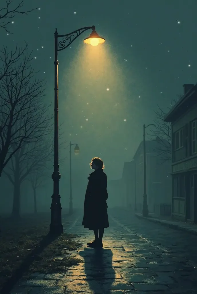 Create a stylized illustration inspired by the song Lili Marleen, designed to be painted on a traditional German beer mug. The scene shows a woman from the 1940s standing under the solitary light of an old street pole. The night is shrouded in a dense fog,...