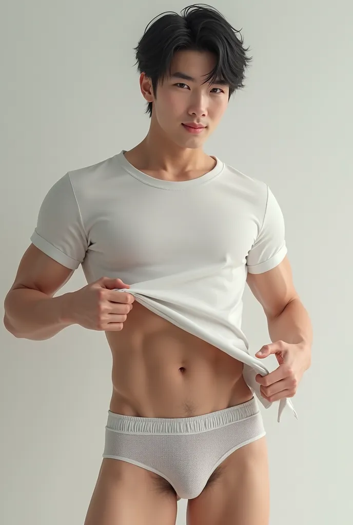 realistic, photographics, 19 years old boy, lean skinny body, twink, handsome, Japanese, short hair, white t shirt, lifting up shirt, mesh trunks, hairy navel, hairy thighs, athletic boy, 