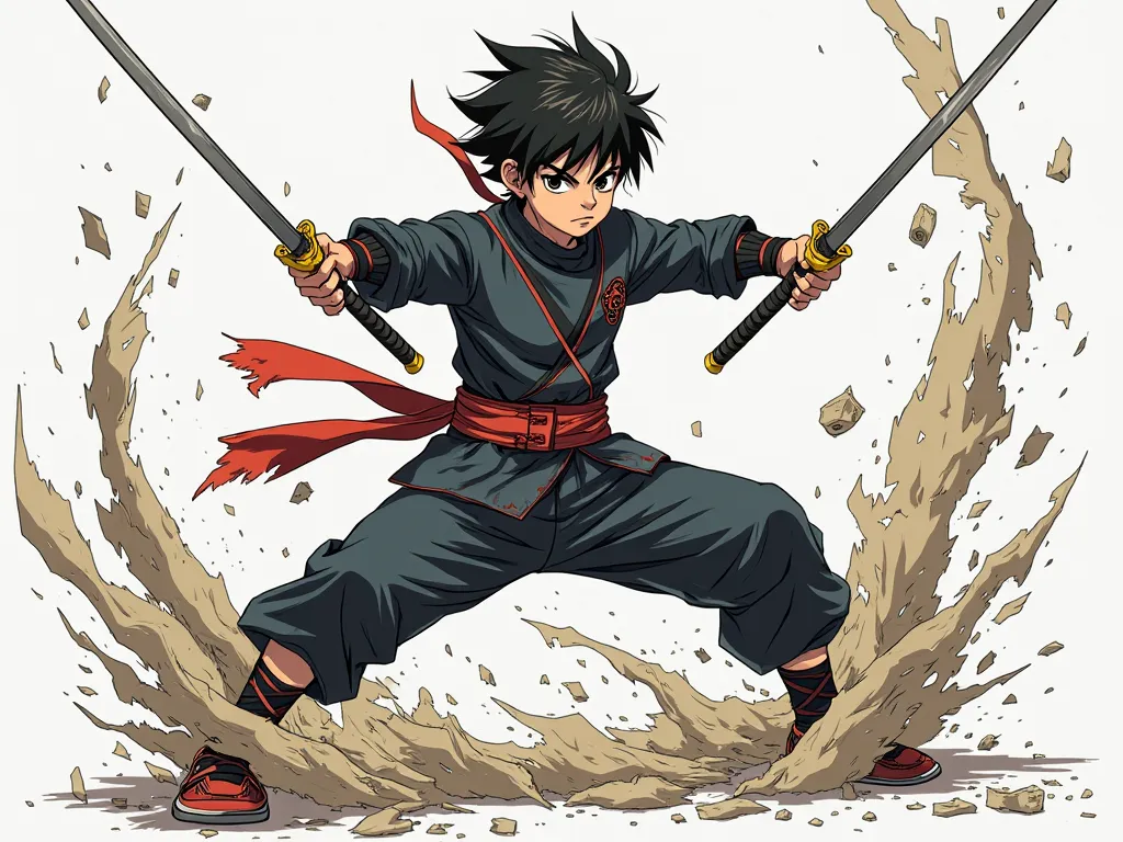 An anime Ninja boy who splitting a large roll of tape with both swords, making it look torn to shreds