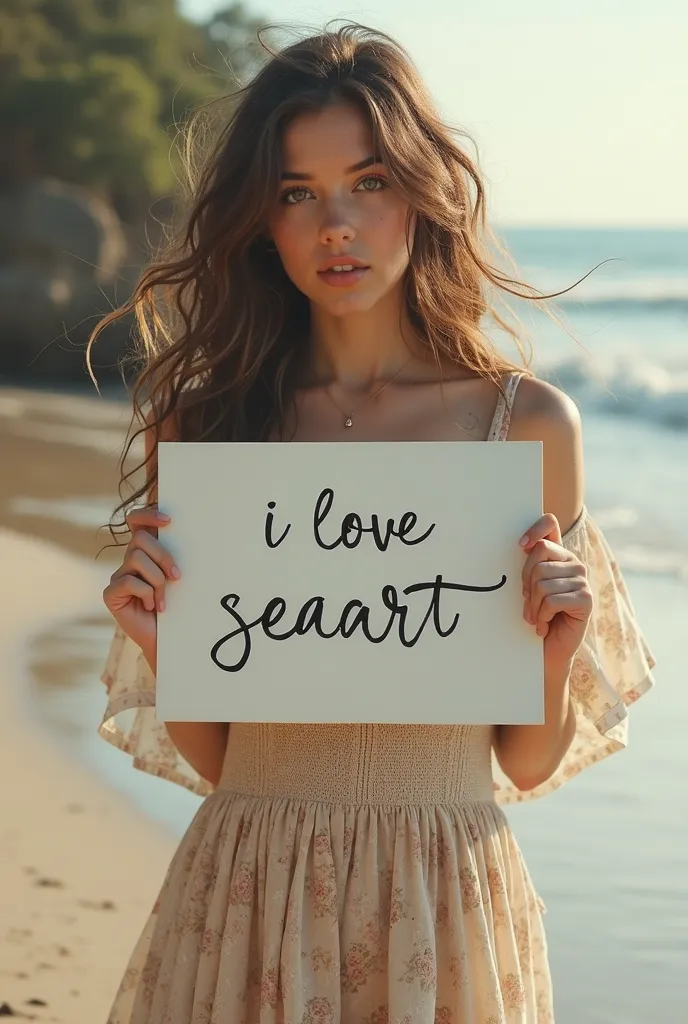 Beautiful girl with long wavy hair, bohemian dress, holding a white board with text " I Love Seaart Infinity " and showing it to the spectator