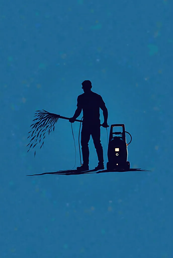 Design a logo that represents the silhouette of a man using a pressure washer, with water coming out of it. The logo must be dark blue (#032B44) and have a simple and recognizable shape.