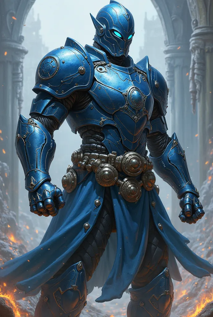 Make for me an image of a character from d&D who is an artificer gunsmith, with armor similar to that of Iron Man but blue, make the armor just look like, I don't want it to be exactly the same, use medieval features on it too, One more detail, He fights w...