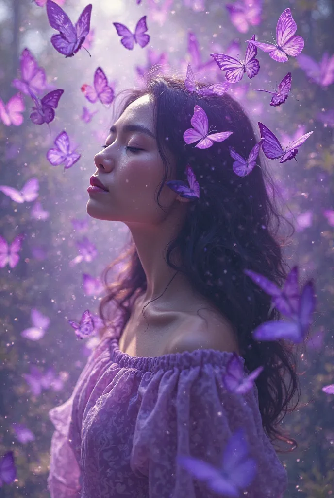 Butterfly effect. Purple butterflys around a girl