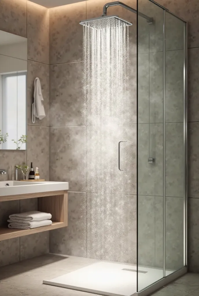 Create an image of a modern and elegant bathroom, with a shower on, releasing hot steam. The environment has sophisticated tiles in neutral tones, soft lighting and a transparent glass case with dripping water droplets. In the background, there is a sink w...