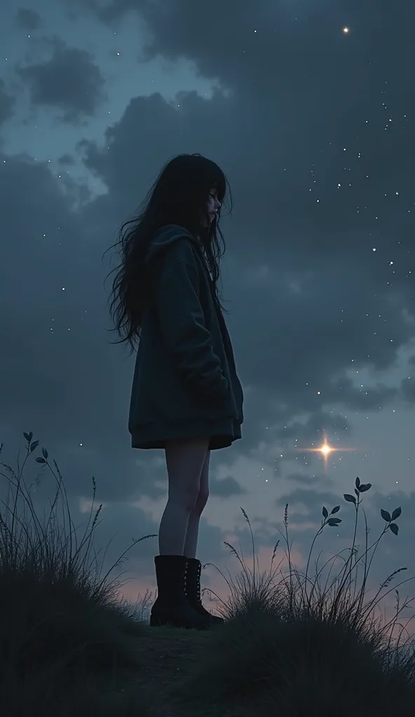 "A full-body emo girl with long black hair, wearing a dark hoodie and black boots, stands alone on a hill at dusk. Her expression is melancholic, as if she is searching for something lost on the horizon. The sky is dark and stormy, with heavy clouds, but a...