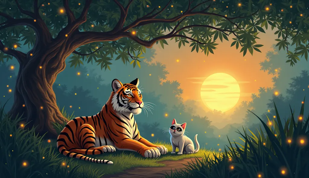 genarte a 2D CARTOON IMAGE
tiger and dog 
The jungle glows under the golden embrace of twilight, fireflies drifting through the misty air. Beneath an ancient banyan tree, a majestic tiger reclines, his amber eyes gleaming as he watches his unlikely compani...