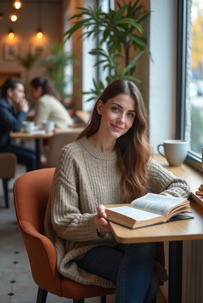 A high-quality, detailed image of a female ager reading her Bible with a peaceful expression in a modern café. She is seated at a small table by a large window, allowing natural light to stream in and illuminate her and the pages of the Bible. The café fea...