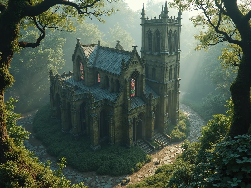 An old abandoned medieval Gothic church ,in ruins , overgrown photo realistic fantasy world , Seen from afar seen from above 