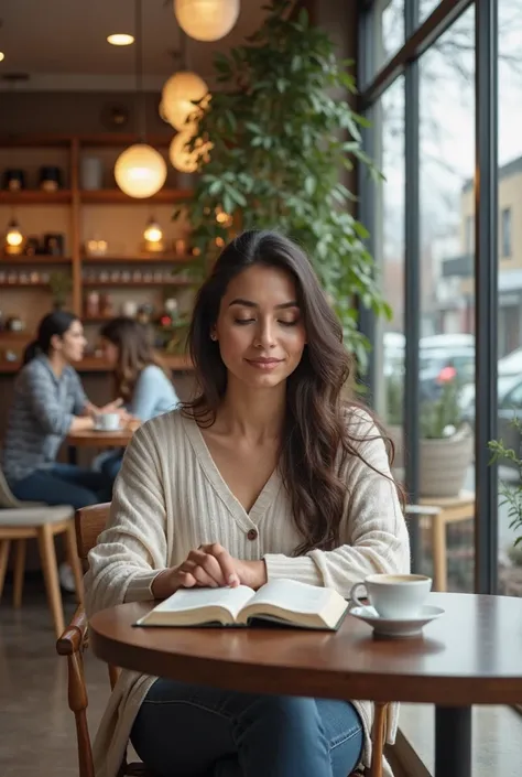 A high-quality, detailed image of an Hispanic Beautiful female ager reading her Bible with a peaceful expression in a modern café. She is seated at a small table by a large window, allowing natural light to stream in and illuminate her and the pages of the...