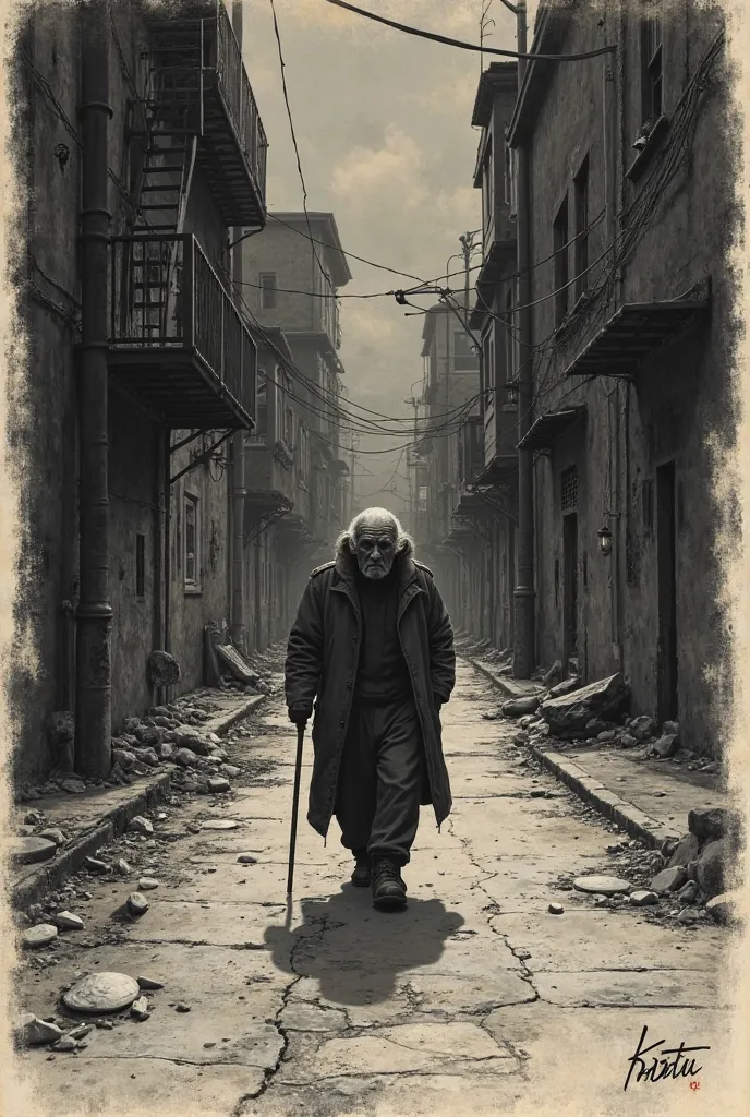 Newspaper-like drawing of an old man walking on a u.The dark and stumbled street 