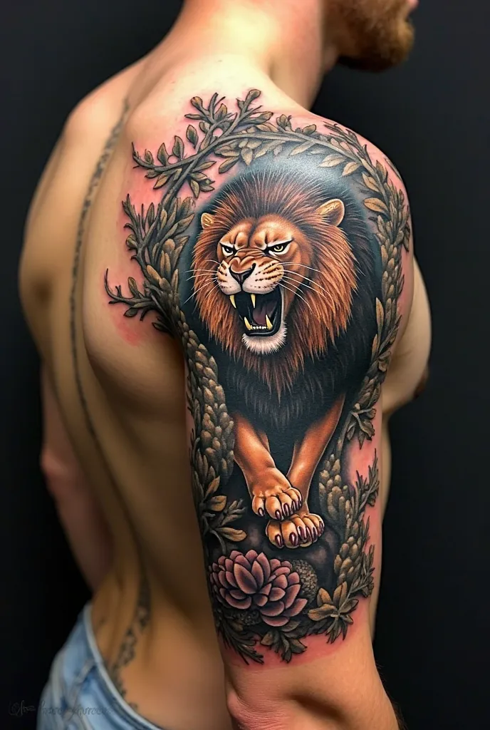 On the back of a woman on the right side, get a medium to small tattoo where there is a full-bodied lion with an aggressive face and around or on the side of the lion there is an ipe tree