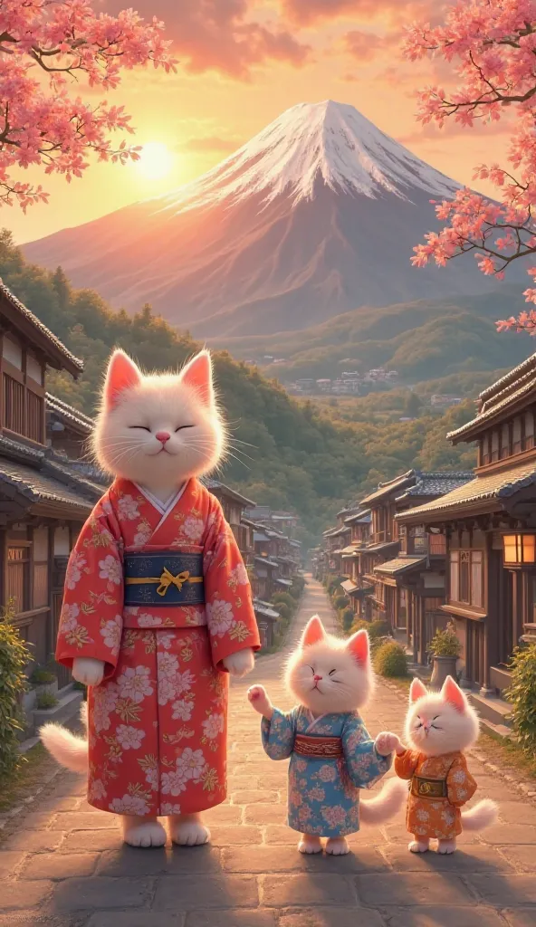 Mt. Fuji in the background、Countryside town of Kyoto at sunset、Realistic pink cat family in kimonos、Photogenic style