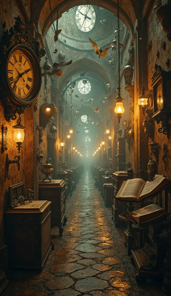 A first-person view of an endless fall through a magical and surreal tunnel. The walls are full of old clocks floating, furniture spinning in the air, open books with pages flying and lamps hanging upside down. The dim light creates a dreamlike effect, wit...