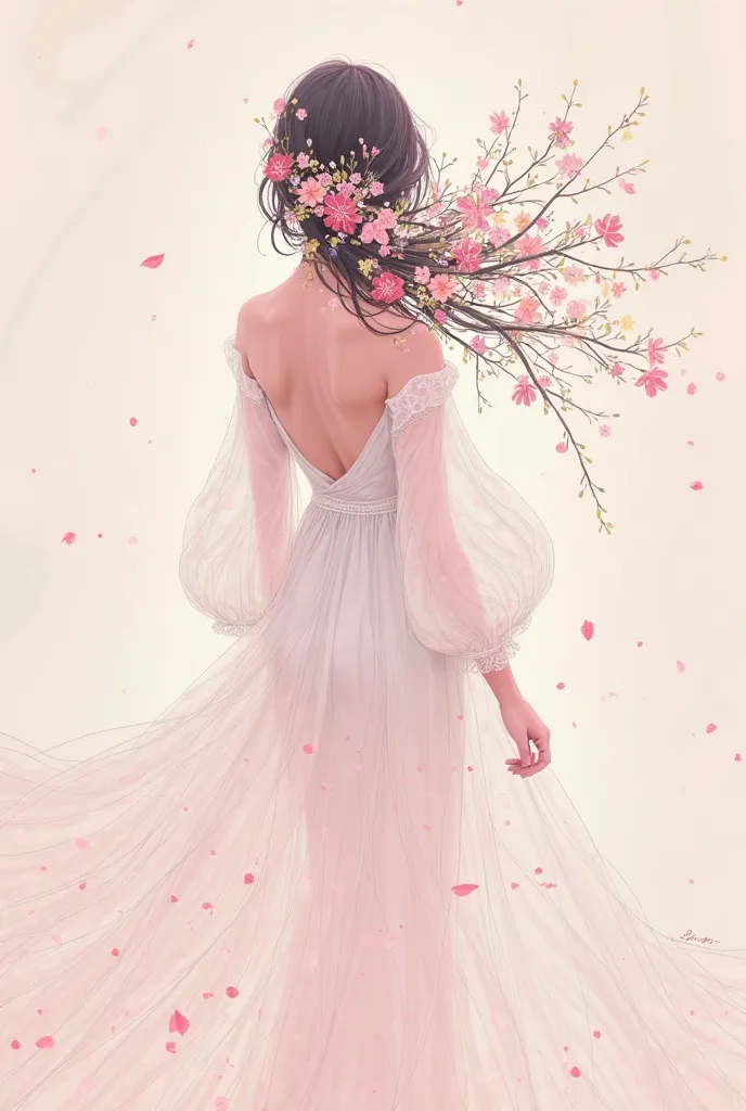 Woman with flowers in hair back pose pink lineart no face in full frock full sleeves