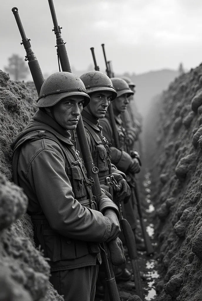 Image depicting the First World War of soldiers in the trenches, easy to draw, more realistic in black and white