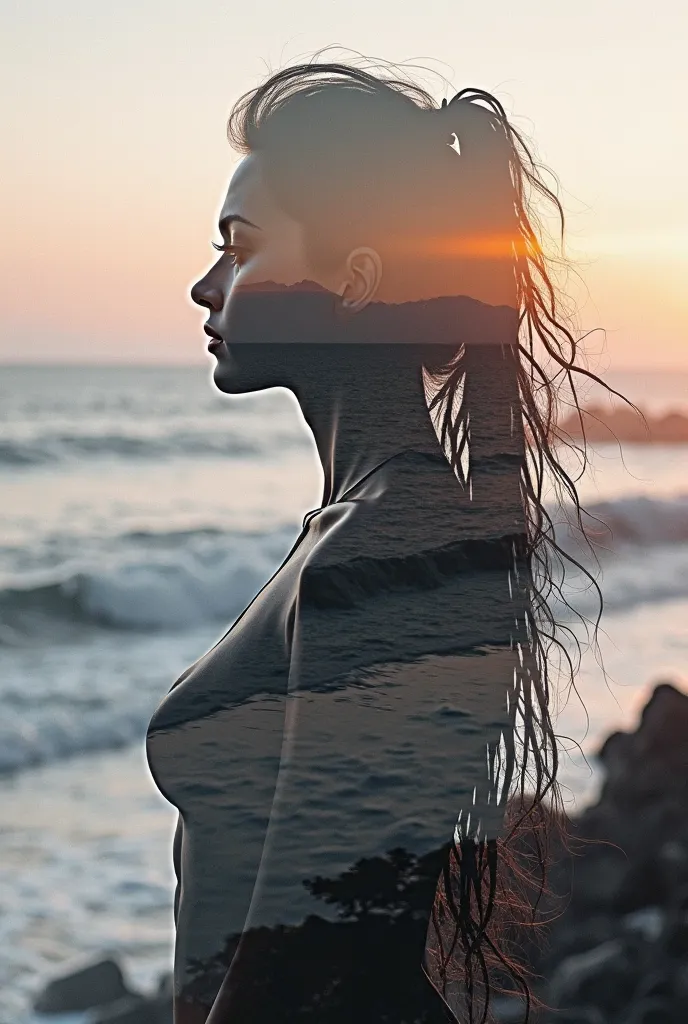 high quality, 8K ultra HD, Una hermosa double exposure que combina una silueta de diosa con la costa al atardecer, the coast at dusk should serve as a backdrop,  with its details incorporated in the goddess, sharp lines, The background is monochrome, sharp...