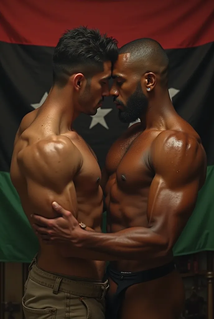 An African man with huge muscles grabs a handsome, thin white guy with a big butt, inserts his penis in it and holds it in a hot intimate position with the flag of Libya behind them in the room 