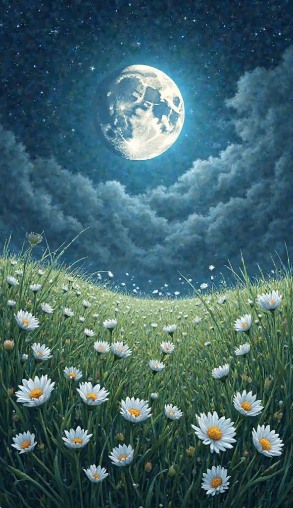 Beautiful white flowers and green grass.Full moon in the sky with lots of stars.vivid colors. Realistic.
