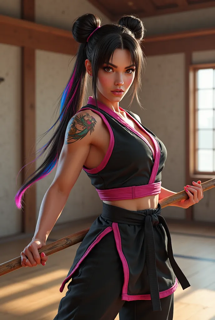 Realistic A closeup ((photorealistic)) image of a muscular ((Caucasian)) Lindsey Strutt brunette ((two bun hair like Chun-li)) with pink and blue hair and a ((phoenix tattoo on her left shoulder)) is dressed as ((black Ryu costume with pink edging)) wieldi...